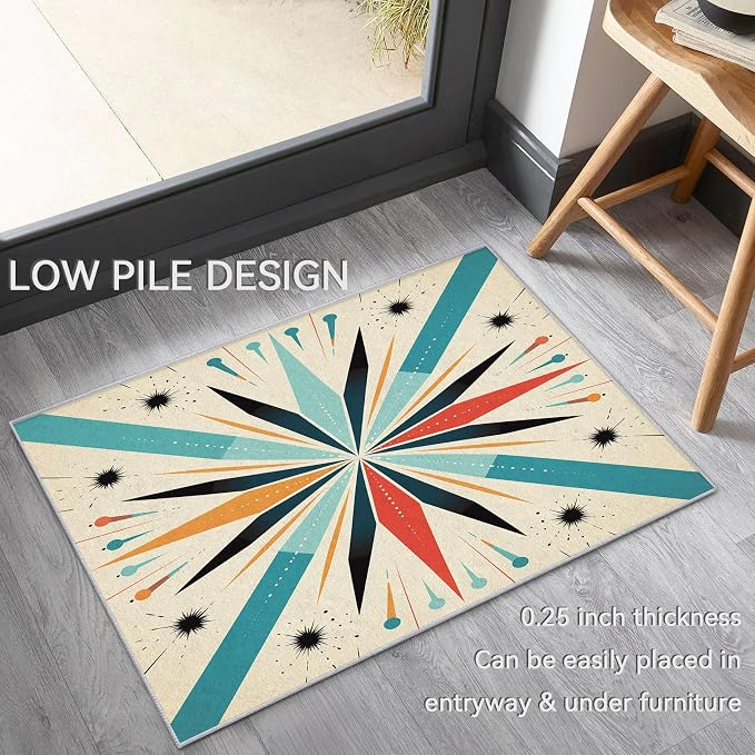 Mid Century Modern Rug 7x7, Washable Retro Sun Rugs for Living Room Bedroom, Atomic Geometric Area Rug for Home Decor, Non Slip Backing Floor Carpet with Gripper - 7 x 7 ft