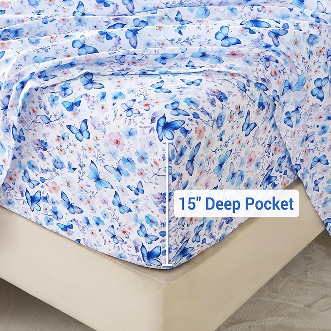 Softan King Floral Sheets, Microfiber Blue Flower Printed Fitted Sheets with Non-Slip Corner Straps and 15" Deep Pocket, Butterfly Patterned Cozy King Bed Sheets & Pillowcase Sets