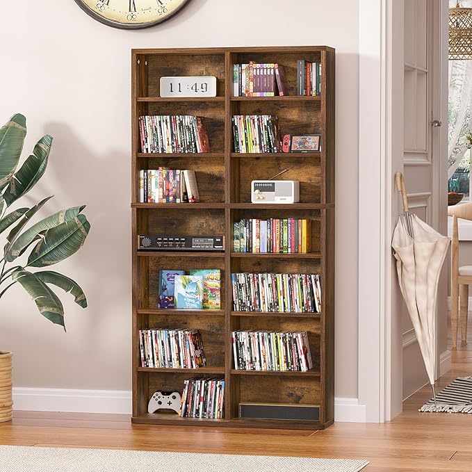 LELELINKY 7 Tier Tall Display Cabinet, Brown Media Storage Cabinet with Adjustable Shelves, Free Standing DVD Organizer Shelf, Floor Multimedia Storage Manga Bookshelf for Living Room & Home Office.