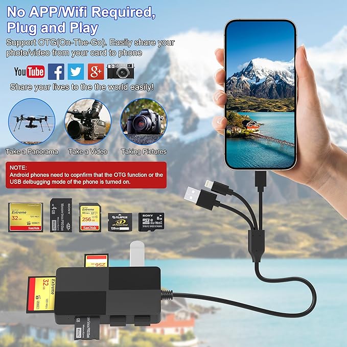 Memory Stick Pro Duo Adapter for iPhone/USB C/PC - 8 in 1 SD/TF/CF/MS/XD Picture Card Reader & 3 USB 2.0, Multi Memory Card Reader USB C Lightning OTG Adapter Memory Stick pro Duo Reader for iPhone