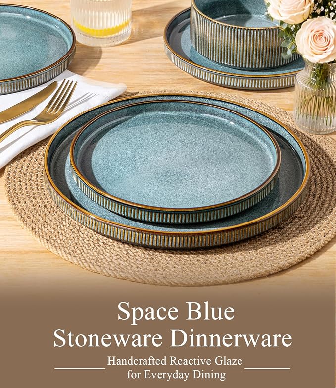 GBHOME 18-Piece Stoneware Dinnerware Set for 6 – Ribbed Ceramic Plates and Bowls, Scratch-Resistant, Microwave & Dishwasher Safe, Reactive Glaze-Space Blue