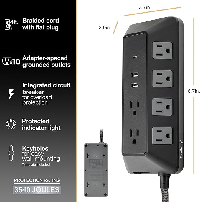 GE UltraPro 10-Outlet Surge Protector with USB, 2 USB-A, 1 USB-C, 4 Ft Braided Extension Cord, Multi Plug Outlet Extender, Adapter Spaced, Flat Plug, 3540 Joules, Charging Station, Black, 81785