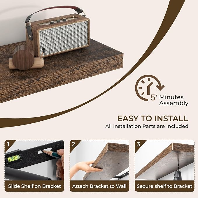 RICHFOCUS 24Inch Floating Shelves for Wall 2 Pack Shelves for Bedroom|Kitchen|Bathroom Wall Mounted Rustic Wood Floating Shelf with Invisible Brackets for Books|Storage|Decor, Rustic Brown
