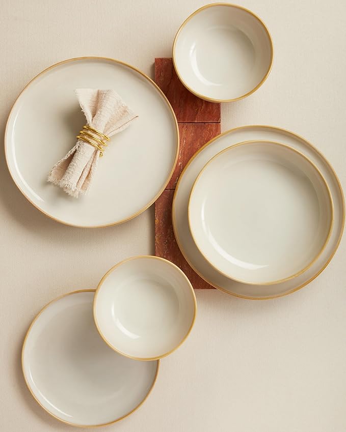 Pokini 32 Piece Dinnerware Set for 8 with Pasta Bowls, Yellow White Reactive Glaze Stoneware | All‑in‑One Host Set for Entertaining, Holiday Meals, Multi‑Course Dish Set | Unique Irregular Look