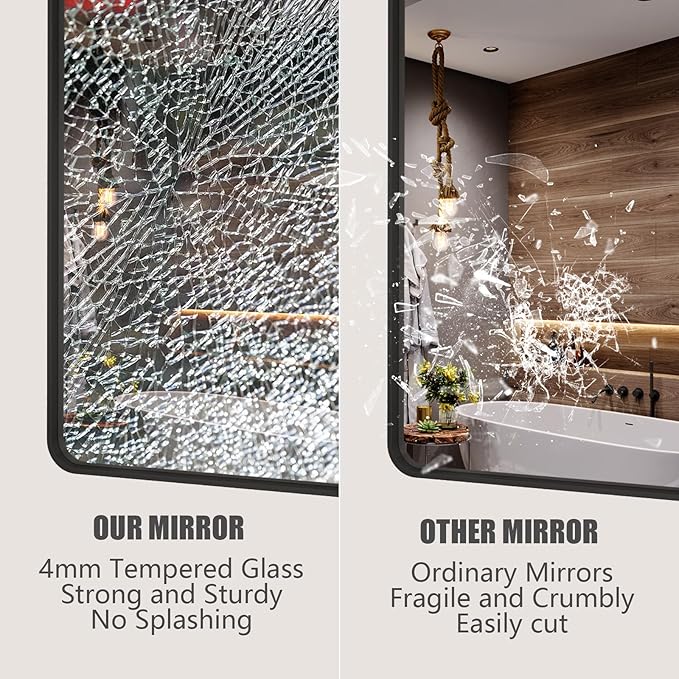 40x32 Black Bathroom Mirror, Matte Framed Bathroom Vanity Mirror for Wall, Modern Rectangle Mirror, Rounded Corners, Tempered Glass (Horizontally/Vertically)