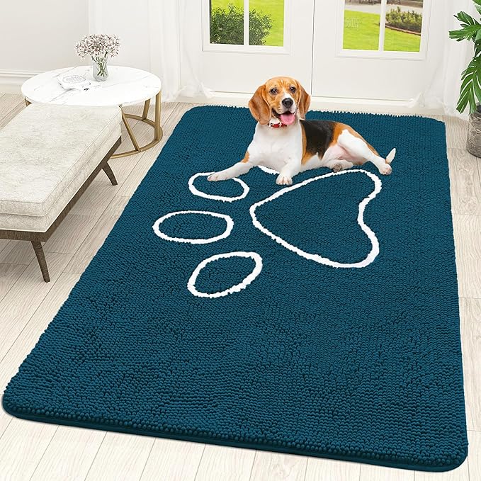 OLANLY Dog Door Mat for Muddy Paws 70x46, Paw Print Design, Absorbs Moisture and Dirt, Absorbent Non-Slip Washable Doormat, Quick Dry Chenille Mud Mat, Entry Indoor Entryway Carpet, Atlantic Blue