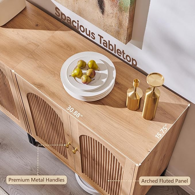 Modern Buffet Cabinet with Storage, 34" Tall Fluted Arched Sideboard Cabinet w/Adjustable Shelves, Wooden Modular Coffee Bar for Dining Room, Kitchen, Living Room, Entryway, Natural