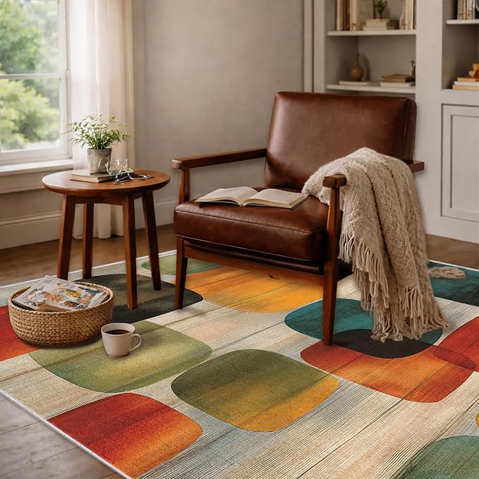 Mid Century Geometric Area Rug 6x9 ft, Retro Color Block Abstract Statement Rug, Low Pile Non-Slip Washable Indoor Rug for Living Room Bedroom