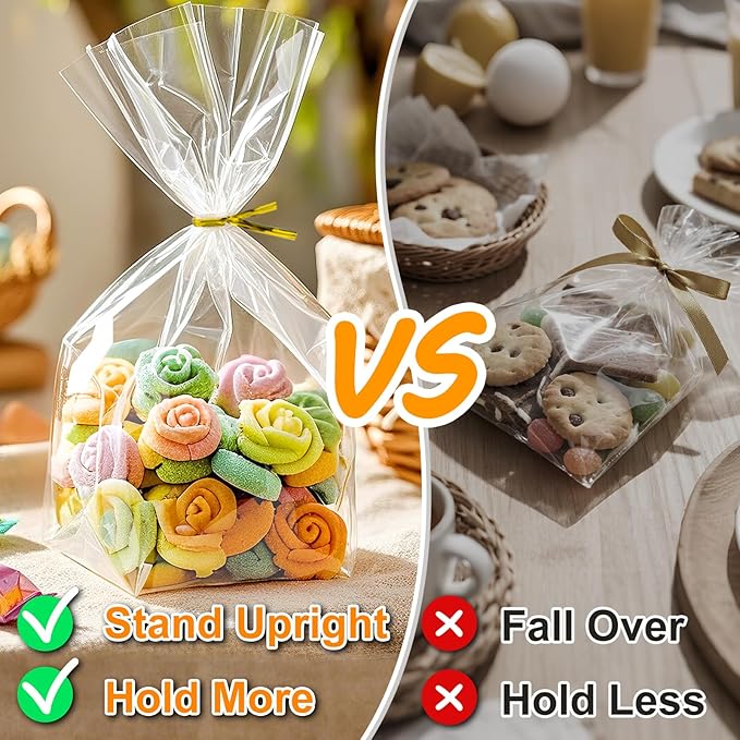 PigPotParty Cellophane Treat Bags 7"x10", 50 Pack Clear Goodie Bags, Bottom Gusset for Stand-Up Display, Small Plastic Gift Wrap for Cookies, Candy, Party Favors, Popcorn, Includes 50 Gold Ties