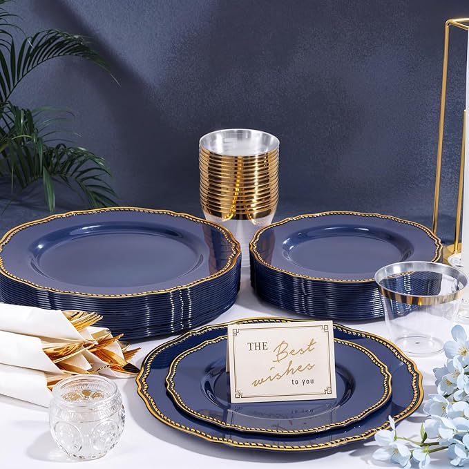 Hioasis 350pcs Blue and gold Plastic Plates - Blue Plastic Dinnerware Set Includes 50 Dinner Plates, 50 Dessert Dinnerware, 50 Cups, 50 Rolled Napkin Cutlery Perfect for Wedding & Christmas