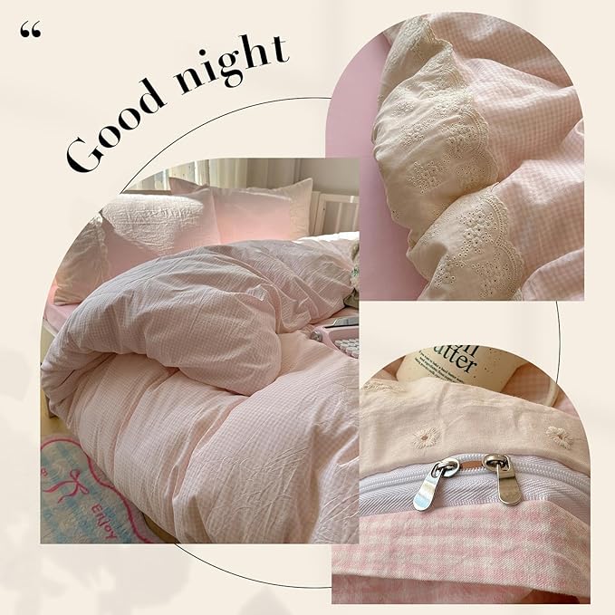 LifeTB Pink Gingham Duvet Cover Queen Size 3 Pieces Romantic Lace Duvet Cover Pink Plaid Checkered Comforter Cover with 2 Pillowcases Soft Breathable Microfiber Grid Farmhouse Plaid Bedding Set