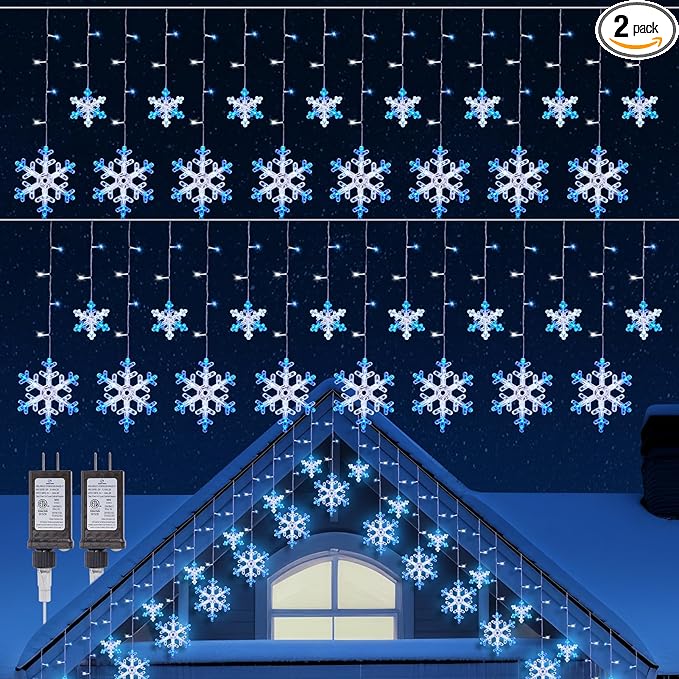 Minetom Christmas Snowflake Lights - 2 Pack 13 ft 192 LED Icicle Lights with 16 Drops, 12 Modes and Timer, IP65 Waterproof Connectable Christmas Light for House Eave Window Indoor Outdoor Decoration