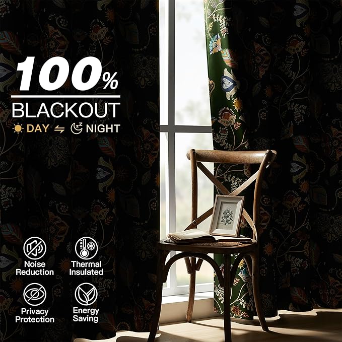 XiDi Green Floral Curtains 84 Inches Long 2 Panels Vintage Patterned Blackout Curtains for Bedroom Living Room Thermal Insulated Grommet Luxury Cottage Dark Botanical Printed Drapes Moss Green 52x84