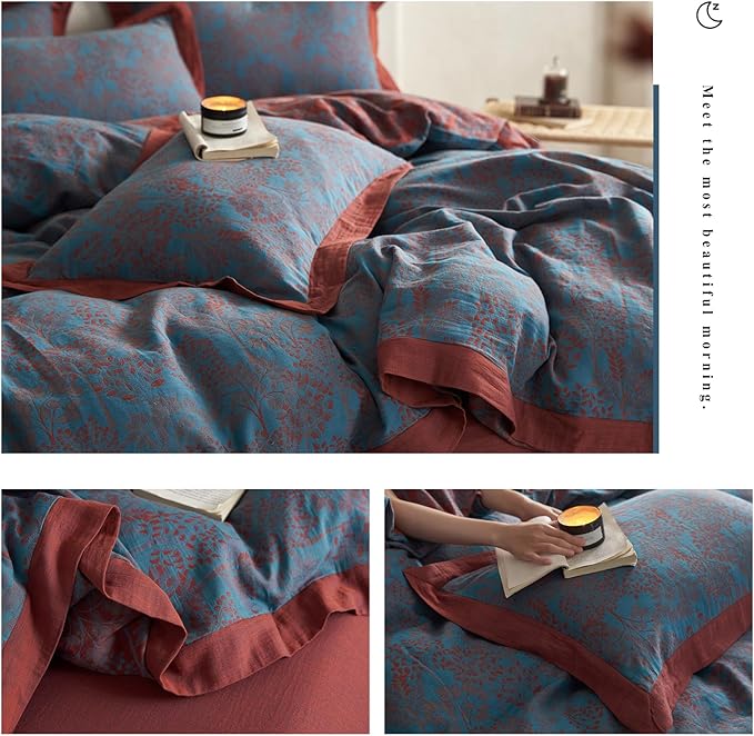 Vintage Blue Floral Duvet Cover Queen Retro Forest Theme Jacquard Duvet Cover Reversible Burgundy Floral Comforter Cover Linen Cotton Yarn-Dyed Textured Duvet Cover Botanical Farmhouse Bedding Set