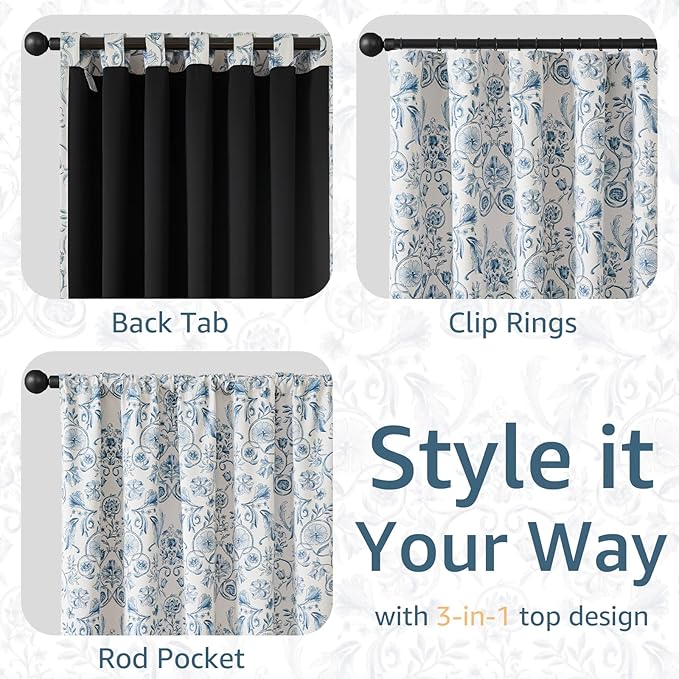 jinchan Floral Blackout Curtains for Bedroom Living Room 84 Inches Length Farmhouse Curtains Room Darkening Vintage Drapes Traditional Rod Pocket Window Treatment 2 Panels Set Blue on Beige