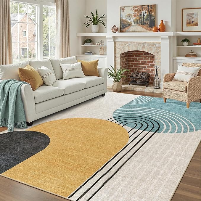 DCX Machine Washable 6x9 Area Rug, Midcentury Modern Non Slip Stain Resistant Rug 6x9 for Living Room, Playroom, Dining Room, Soft 0.25" Low Pile Large Carpet, Blue & Yellow