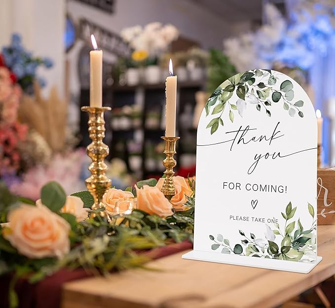 Wedding Signs for Reception, Green Leaves Thank You for Coming Sign, Wedding Reception Signage, Bridal Shower Table Decorations with Base, Supplies for Proposal, Bridal Shower Events and Ceremony, 08