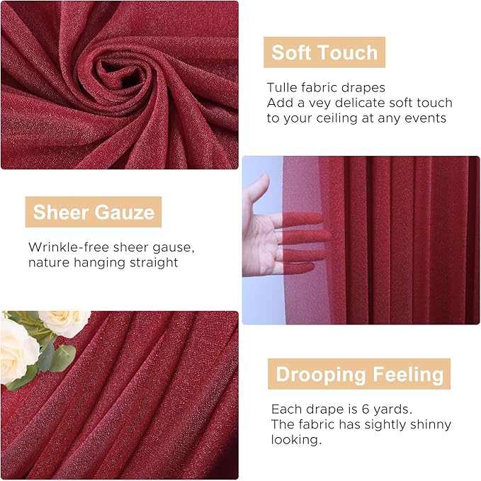 Wokceer Burgundy Wedding Arch Draping Fabric Backdrop 4 Panels 28.7" X 20FT Sheer Drapes Fabric for Wedding Arbor Ceremony Party