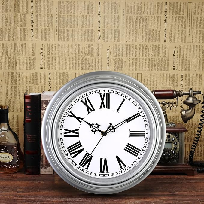 Plumeet Small Retro Wall Clock, 10'' Non Ticking Classic Silent Vintage Wall Clocks Decorative Kitchen Living Room Bedroom, Roman Numerals, Battery Operated, Silver, EM-8050-SL10