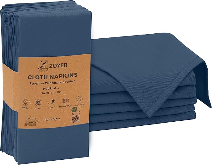 Zoyer Cloth Napkins Set of 4, 18x18 Inches Cotton Enrich Napkins Cloth ‎Washable, Soft & Durable Dinner Napkins for Parties, Wedding, Christmas, ‎Thanksgiving & Everyday Use - Navy Blue