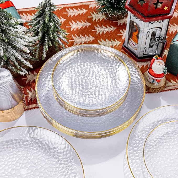 Rubtlamp 60Pcs Clear Plastic Plates,Clear Disposable Plates With Gold Rim,Heavy-duty Gold Plates,Hammered Party Plates Include 30Clear Dessert-Platos,30Dinner-Platos for Wedding, Party&Christmas
