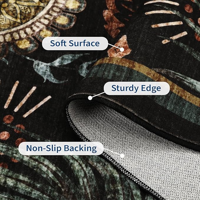 Area Rug 5x7 Modern Floral Washable Rug Non Slip Living Room Rugs Non Shedding Soft Bedroom Floor Mat Low Pile Soft Thin Boho Botanical Carpet for Nursery Kitchen Office Dorm, Black