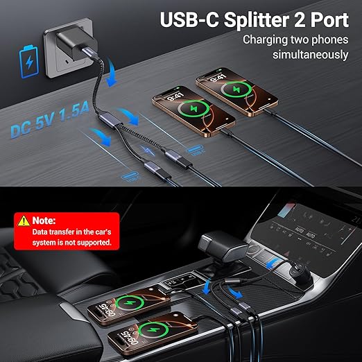 KiwiBird USB C Splitter 1 in 2 Out Charging, USBC Power Data Splitter Extension Y Cable, Type C Male to Dual USB C Female Port Adapter, Compatible with Laptop Mac Car Flash Drive Keyboard Mouse