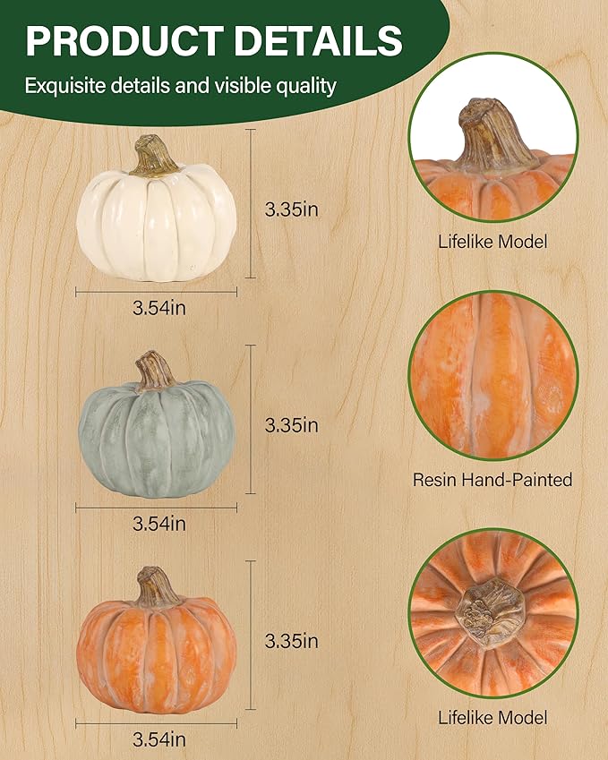 Set of 3 Decorative Pumpkins – Resin Fall Harvest Décor in White, Sage Green & Orange, Rustic Autumn Table Centerpiece for Thanksgiving Farmhouse Home Decoration (White)