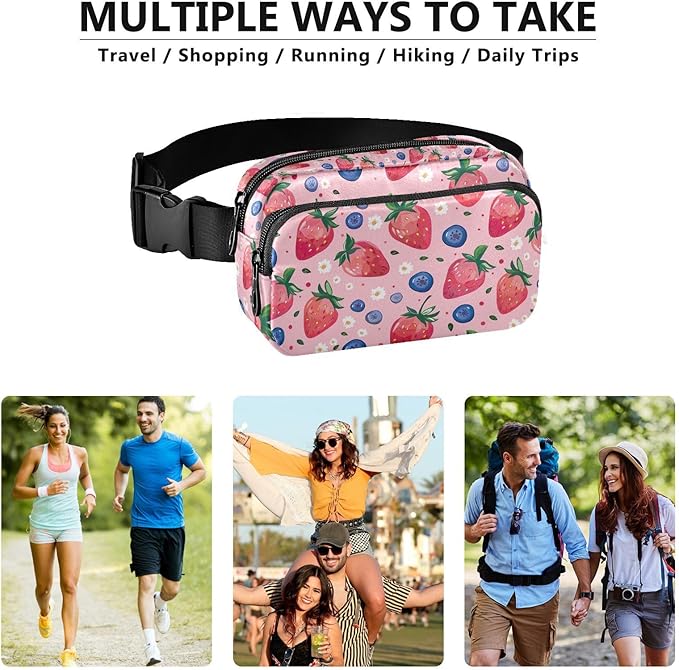 Pink Strawberry Blueberry Fanny Pack for Women Men Water Resistant Fashion Waist Packs with Adjustable Strap Belt Bag for Travel Workout Jogging Hiking 21219429