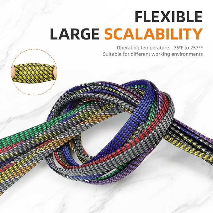 Braided Expandable Cable Sleeve, 25ft PP Cotton and PET Braided Cable Management, Flexible Mesh Wire Loom and Cable Protector for TV, Computer, Home Theater, Automotive (Yellow, 1/2")
