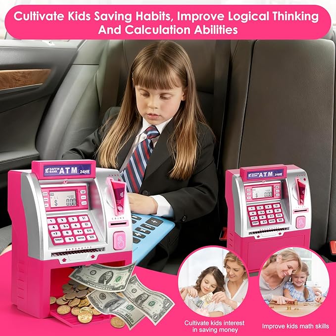 ATM Piggy Bank with Card and Password, Electronic Savings Bank Machine for Real Money, Mini ATM Coin and Cash Deposit Box with Target Setting, Clock and Sound – Pink Dollar Edition