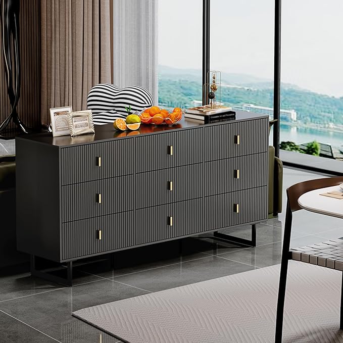 Chrangmay Modern Chest of Drawers with 9 Drawers,Deep Drawers,Clothes Organizer,Large Storage Cabinet for Living Room, Bedroom,Hallway,with Anti-Tipping Device,Dark