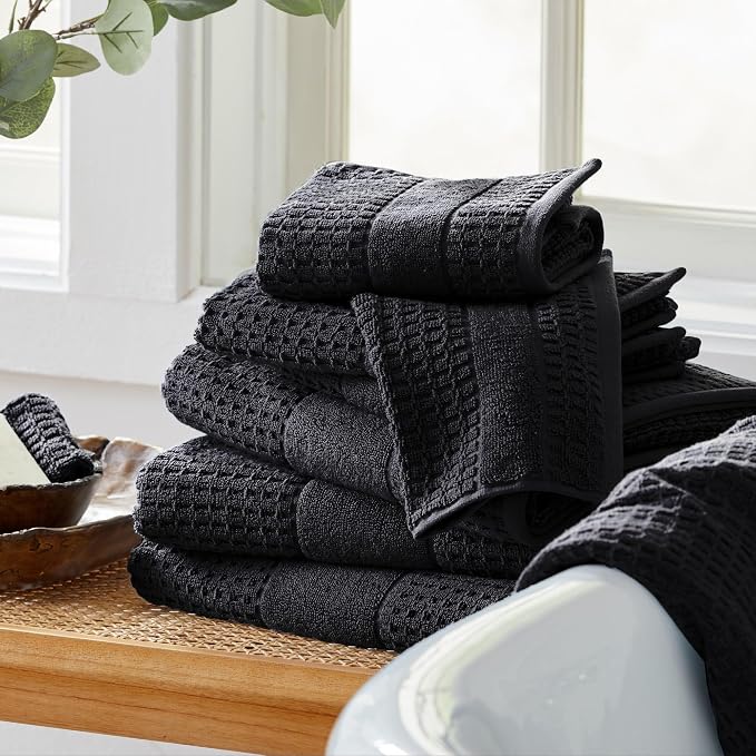 Market & Place 100% Cotton Super Soft Luxury Bath Towel Set | Quick-Dry and Highly Absorbent | Waffle Textured | 550 GSM | Includes 4 Bath Towels | Harper Collection (Black)