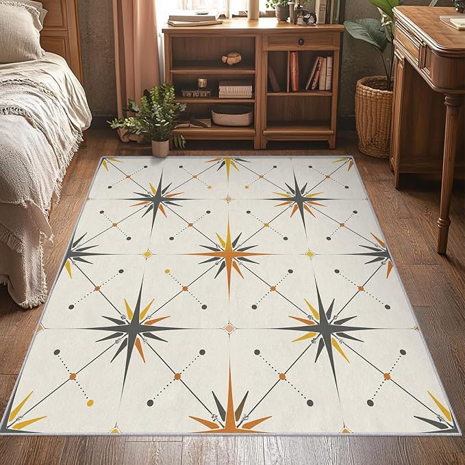 Atomic Rugs for Bedroom 5x6 ft, Mid Century Modern Area Rugs for Living Room, Washable Non Slip Low Pile Starburst Carpet, Home Decor PF-P 107