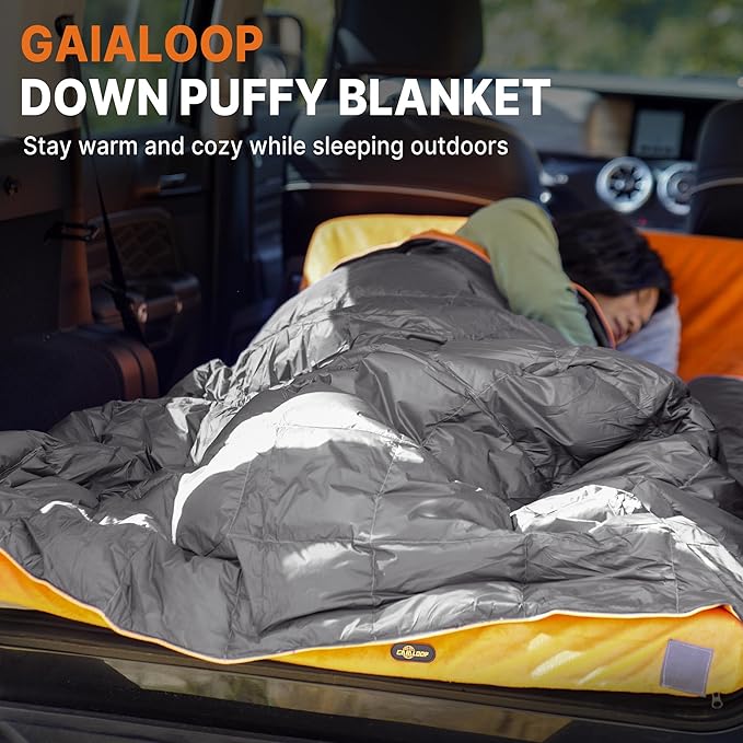 Down Puffy Blanket for Car Camping Outdoor Travel Backpacking, Duck Down Lightweight Portable Soft Warm Cozy Camping Blanket Quilt, 53"x78", Light Gray