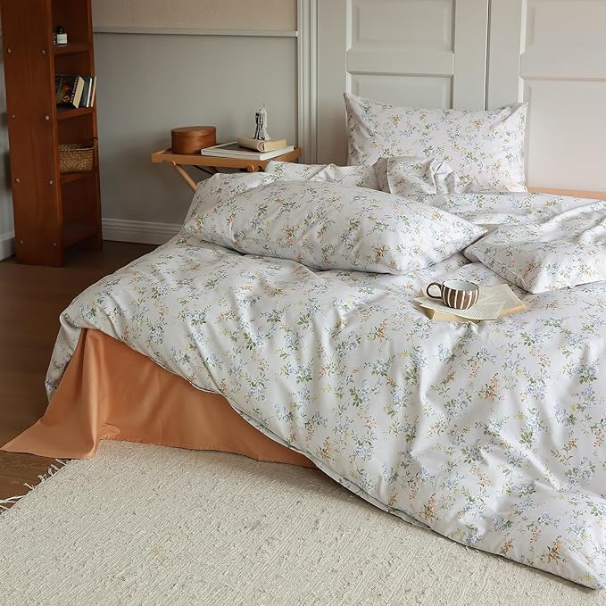 Vintage Style Garden Floral Duvet Cover Full 100% Cotton Aesthetic Floral Pattern Bedding Set Full Boho Flower Botanical Comforter Cover with 2 Pillowcases Cottagecore Bedding Cover for Girls Women
