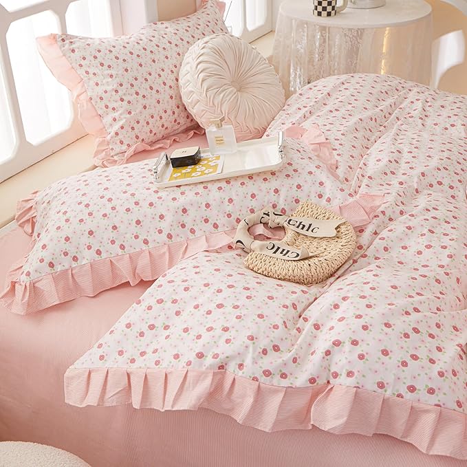 Queen Comforter Set Chic Floral Ruffle Comforter Pink Flower Bedding Comforter Set for All Seasons Fluffy Soft Girls Cottagecore Bedding Set Vintage Botanical Flowers Comforter with 2 Pillowcases