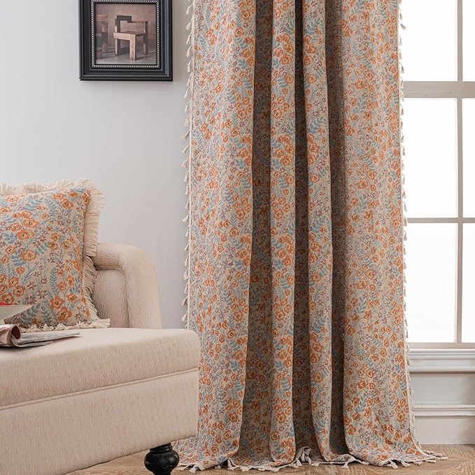 ENJOYBRIDAL Orange Floral Curtains 96 Inch Long Boho Light Filtering Drapes Vintage Jacquard Rod Pocket Semi Sheer Window Curtain Panels Bedroom Living Room Tassel 2 Panels Set Window Treatments