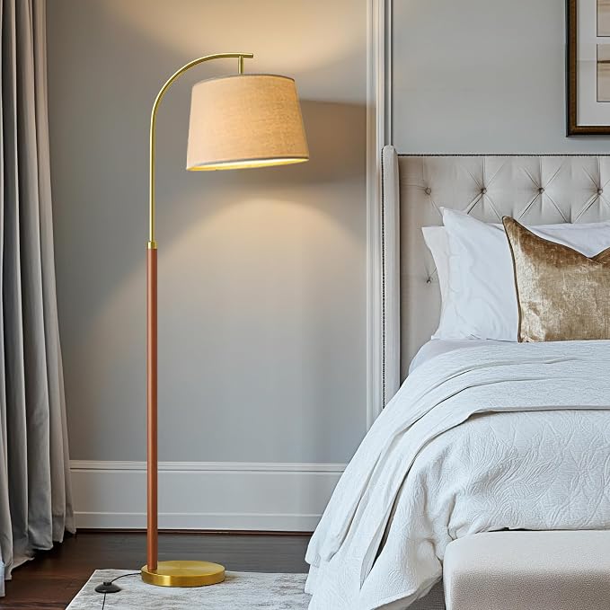 62.5" Gold Floor Lamp for Living Room Dimmable Standing Lamp with Remote & Foot Switch, 3 Color Temperatures Arc Tall Lamp Wood Mid Century Modern Floor Lamps for Bedroom Office, 9W Bulb Included