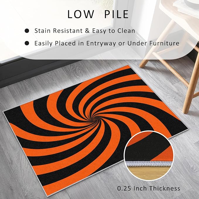 70s Rug Large 7x10 Swirl Abstract Black Orange Striped Pattern Area Rugs for Living Room, Bedroom, 70s Home Decor Accessories Indoor Carpet, Non Slip & Machine Washable, GD0381