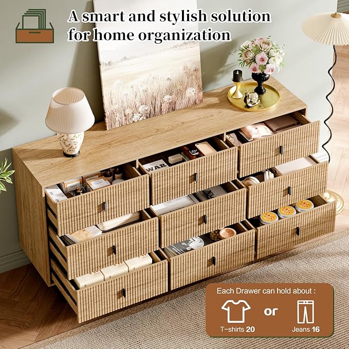 Chrangmay Modern Chest of Drawers with 9 Drawers,Deep Drawers,Clothes Organizer,Large Storage Cabinet for Living Room, Bedroom,Hallway,with Anti-Tipping Device, Oak
