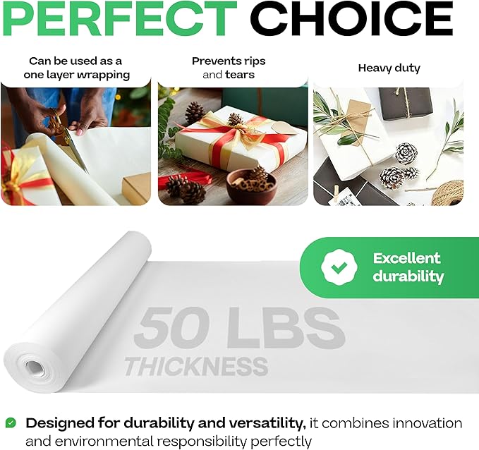 White Paper Roll 18" x 2160" (180 feet) - USA-Made Quality White Kraft Paper 50lb Thickness for Packing, Moving, Shipping & Crafts/Arts - 100% Recyclable Natural Wrap Material by IDL Packaging