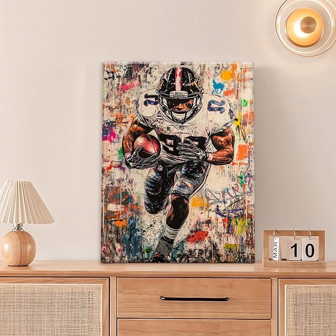Graffiti Football Wall Art, Banksy American Football Pictures Wall Decor, Rugby Sports Canvas Prints Painting, Sport Poster Framed Artwork for Boys Room Bedroom Bathroom Living Room Office 24"X20"