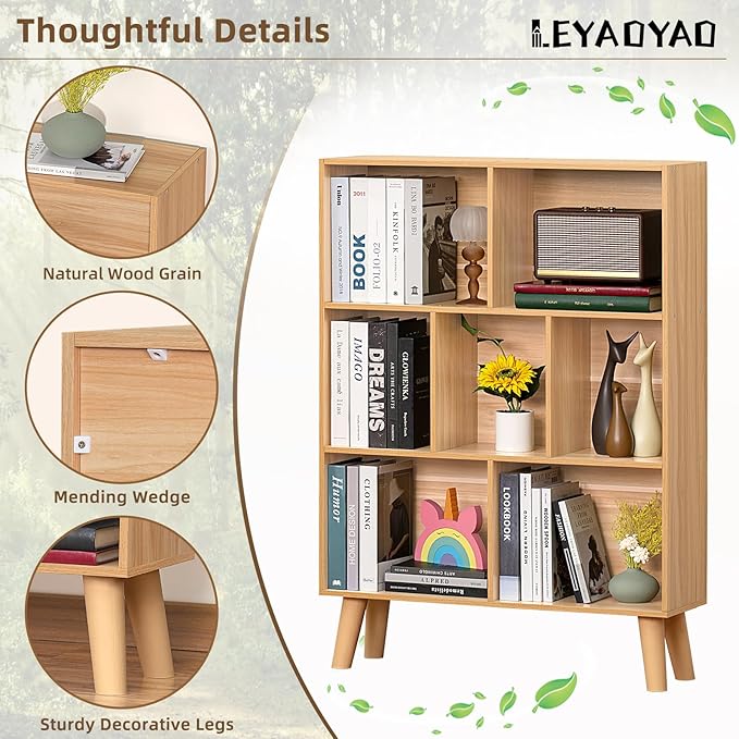 LEYAOYAO Wooden 7 Cube Book Shelf, Natural 3 Tier Bookshelf with Legs, Modern Open Storage Organizer,Boho Bookcase,Display Cabinet Shelf Free Standing Bookshelves for Bedroom,Living Room,Office