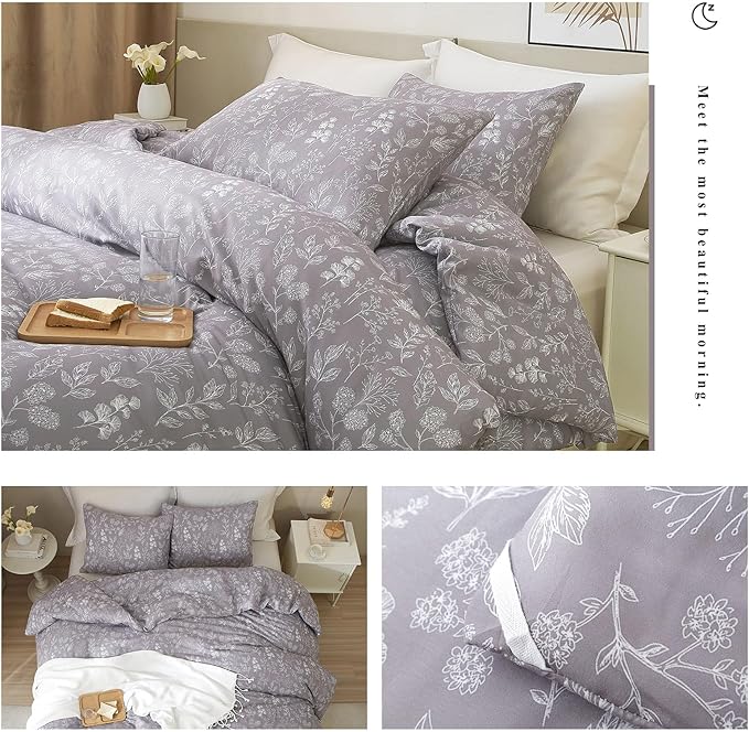 EAVD Garden Style Grey Floral Duvet Cover Twin XL Soft Cotton Chic Shabby Cute Floral Botanical Bedding Set with 2 Pillowcases Fresh Reversible Botanical Duvet Cover with Zipper Closure