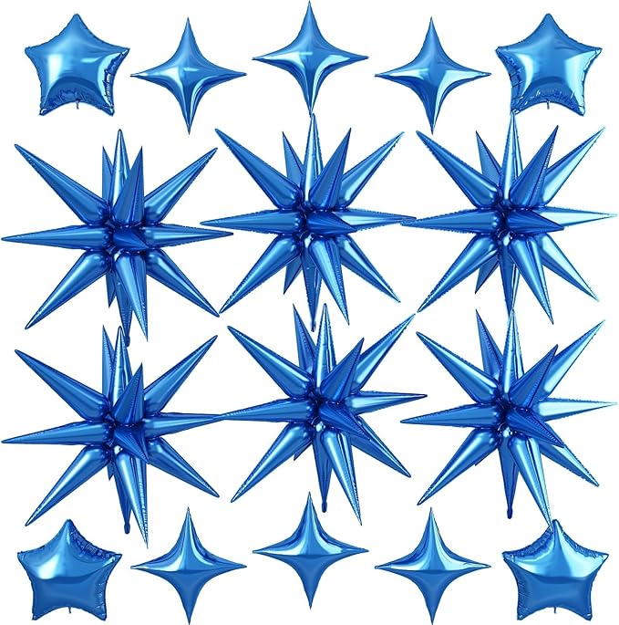 Blue Star Balloon,16Pcs Star Foil Balloons Set with 22Inch Explosion Spike Cone Balloons and 10Inch Quadrangle Helium Balloon for Birthday Wedding Baby Shower Party Decorations
