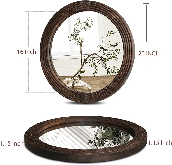 LOSOUR Round Mirror, Farmhouse Decor Solid Wood Frame Wall Circle Mirror, Decorative Mirrors for Bathroom Over Sink, Living Room, Entryway,Bedroom, Entryway, Hallway,Foyer (1, Coffee, 20" L x 20" W)