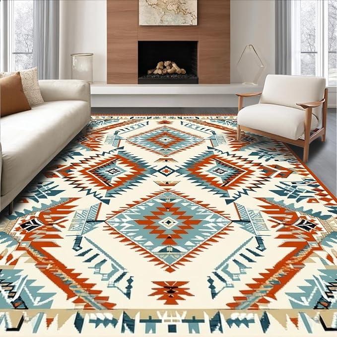 Flatwoven High Traffic Area Rug 5x7, Southwestern Geo Diamond Tribal Weave, Non Slip, Stain Resistant, Washable Area Rugs for Living Room, Bedroom (Beige, 5x7)