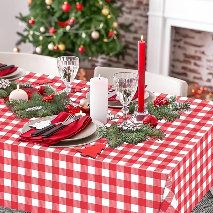 WNINK 6 Pack Red Gingham Tablecloth Rectangular Red and White Checkered Tablecloths Disposable Plastic Red Plaid Table Cover for Parties, Christmas, Outdoor Picnic, Birthday, Wedding, Camping 54 × 108