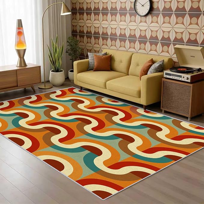 70s Retro Rug 5x7 Checkboard Striped Groovy Pop Pattern Area Rugs for Living Room, Bedroom, 70s Retro Home Decor Accessories Indoor Carpet, Non Slip & Machine Washable, GD0356